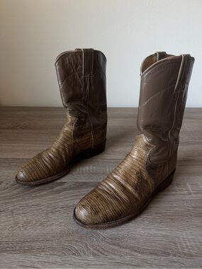 Vintage Justin Lizard Skin Cowboy Boots Womens 6.5B Brown USA Made